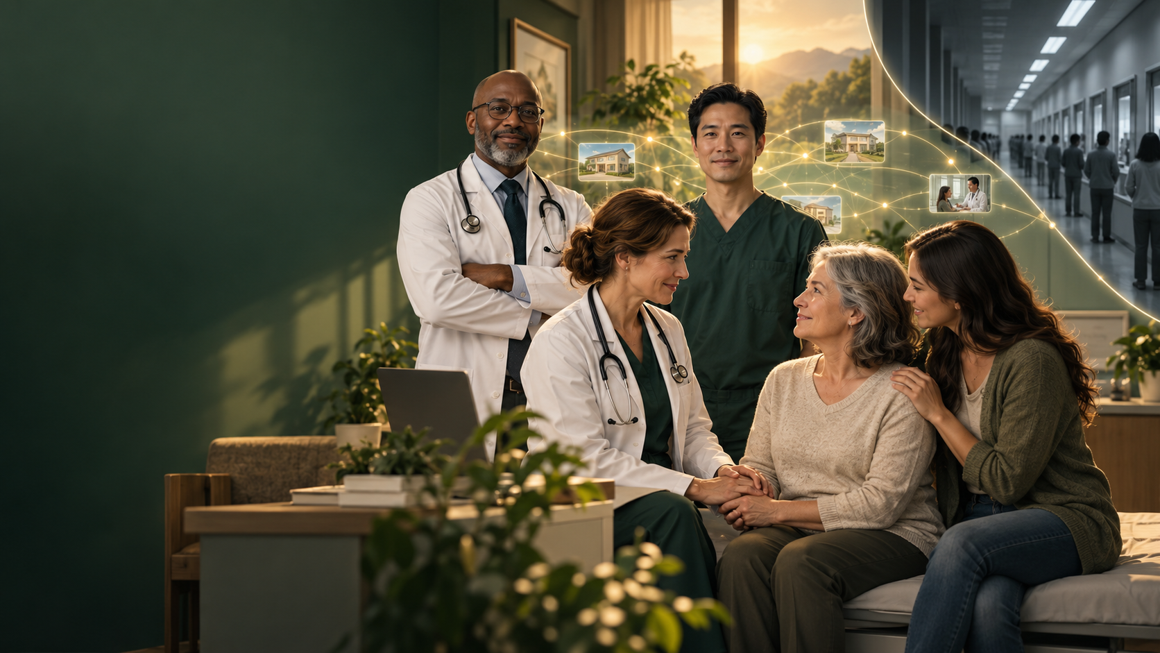 Illustration of independent physicians, a patient and a family member, connected by light representing collaborative technology.