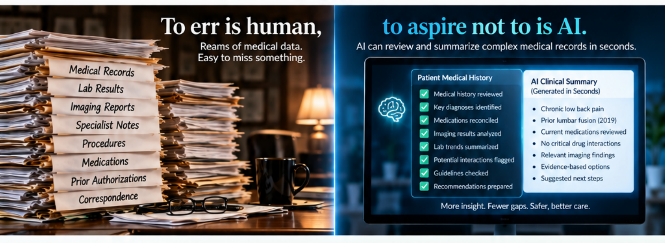 TSCN AI and records concept showing paper records becoming organized clinical insight for physician review