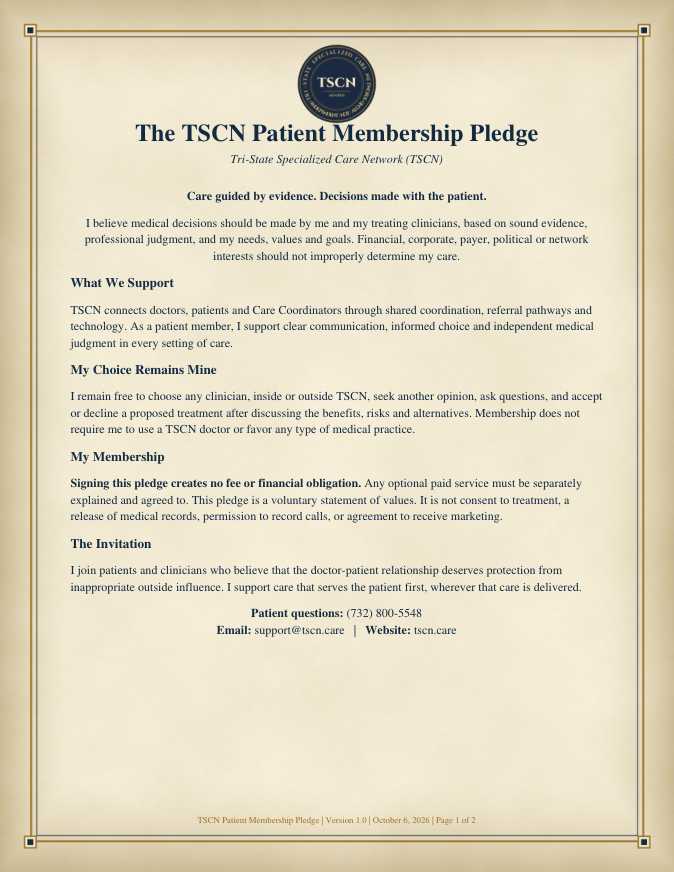 First page thumbnail of the TSCN Patient Membership Pledge PDF