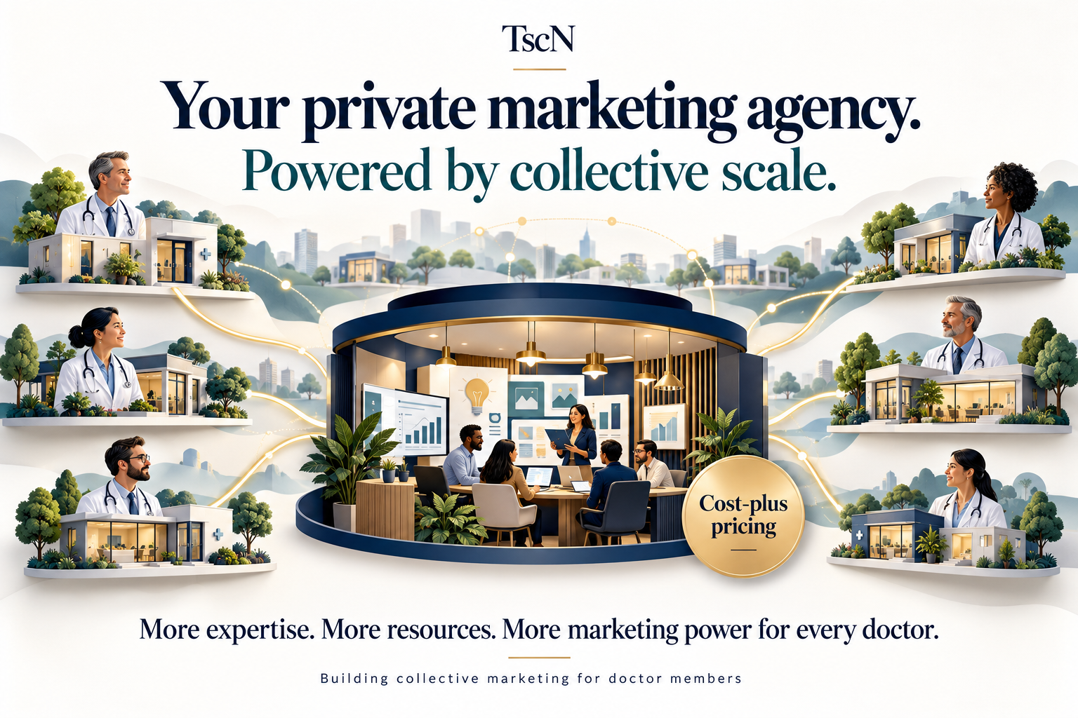 TSCN is building a private marketing agency for doctor members, powered by collective scale at cost-plus pricing. More expertise, more resources, and more marketing power for every doctor.