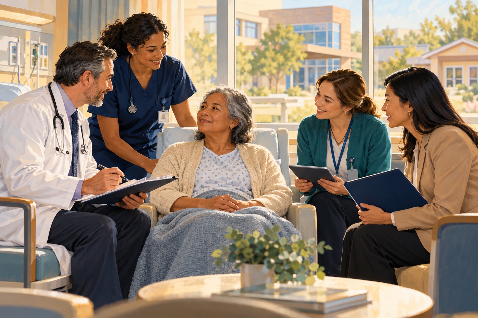 Illustration of a patient, doctor, nurse, care coordinator, and health-plan representative discussing a shared care plan in a hospital.