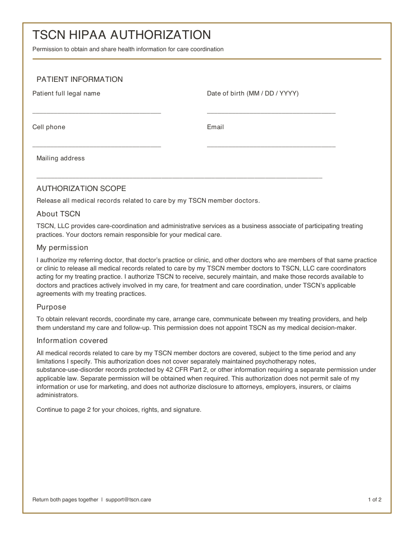 Preview of the TSCN HIPAA authorization form