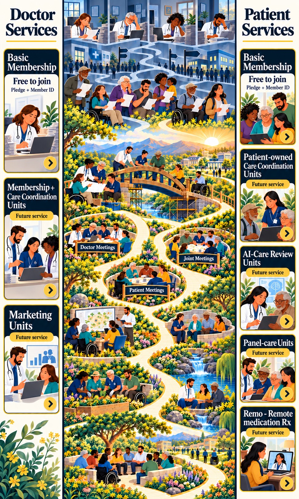 At the top, isolated private practice doctors and overwhelmed patients face a fragmented healthcare system. Down the winding road, doctors and patients build a bridge together, meet and create a connected community. Doctor Services run down the left; Patient Services run down the right.